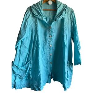 Vintage 100% Linen Y2K Aqua Blue Lagenlook Oversized Top Jacket L/XL